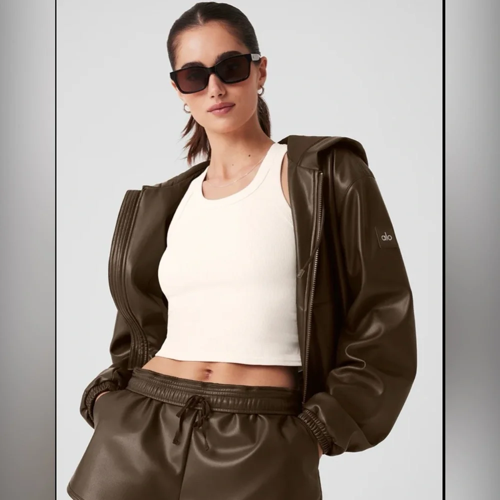 ALO Yoga Olive Green Faux-Leather Hooded Utility Jacket
